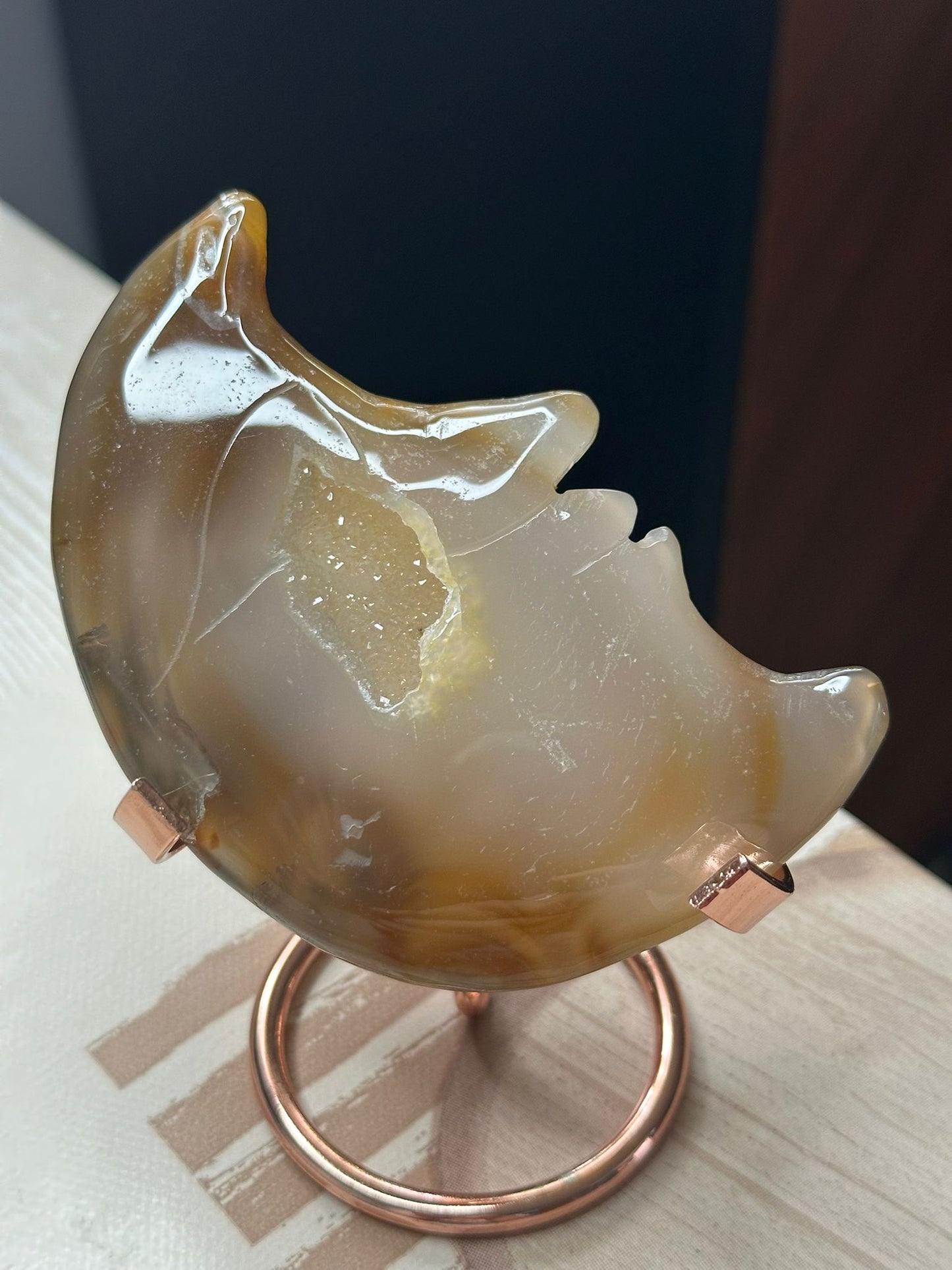 Agate Moon Face with Druzy – Polished Crystal Carving