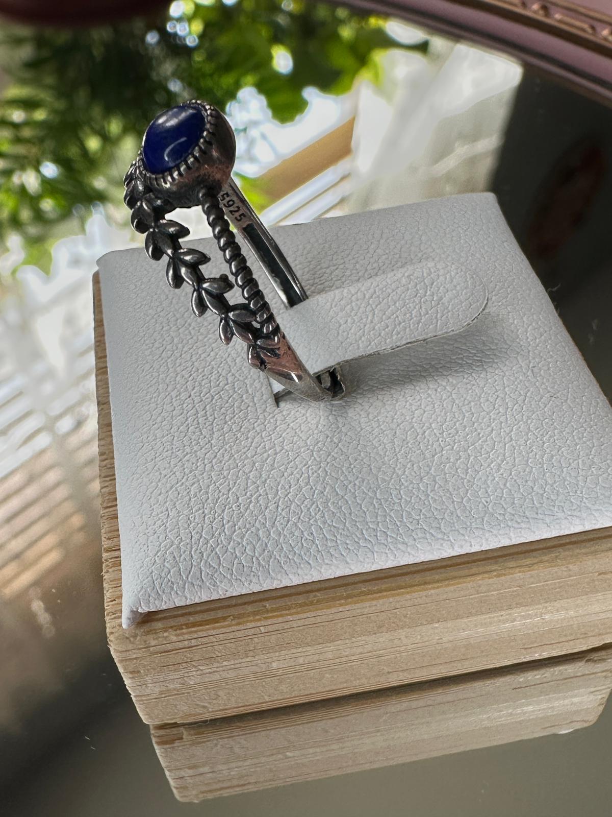 Lapis Lazuli Sterling Silver Ring – Adjustable Leaf Band