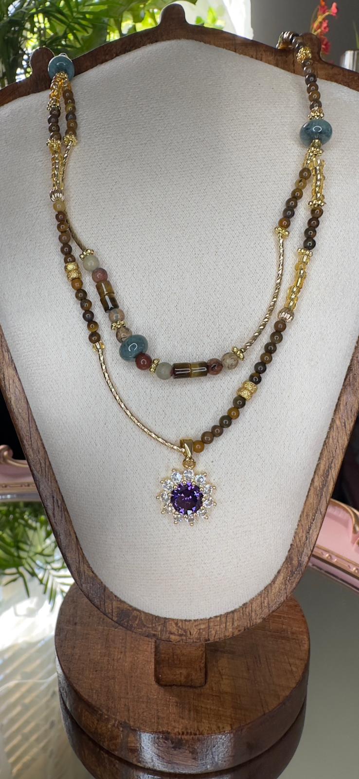 Tiger’s Eye & Jade Beaded Necklace with Gold-Tone Pendant