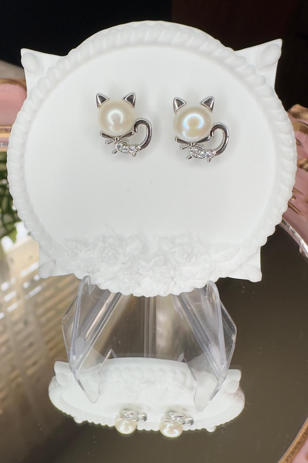Pearl Cat Earrings in Sterling Silver