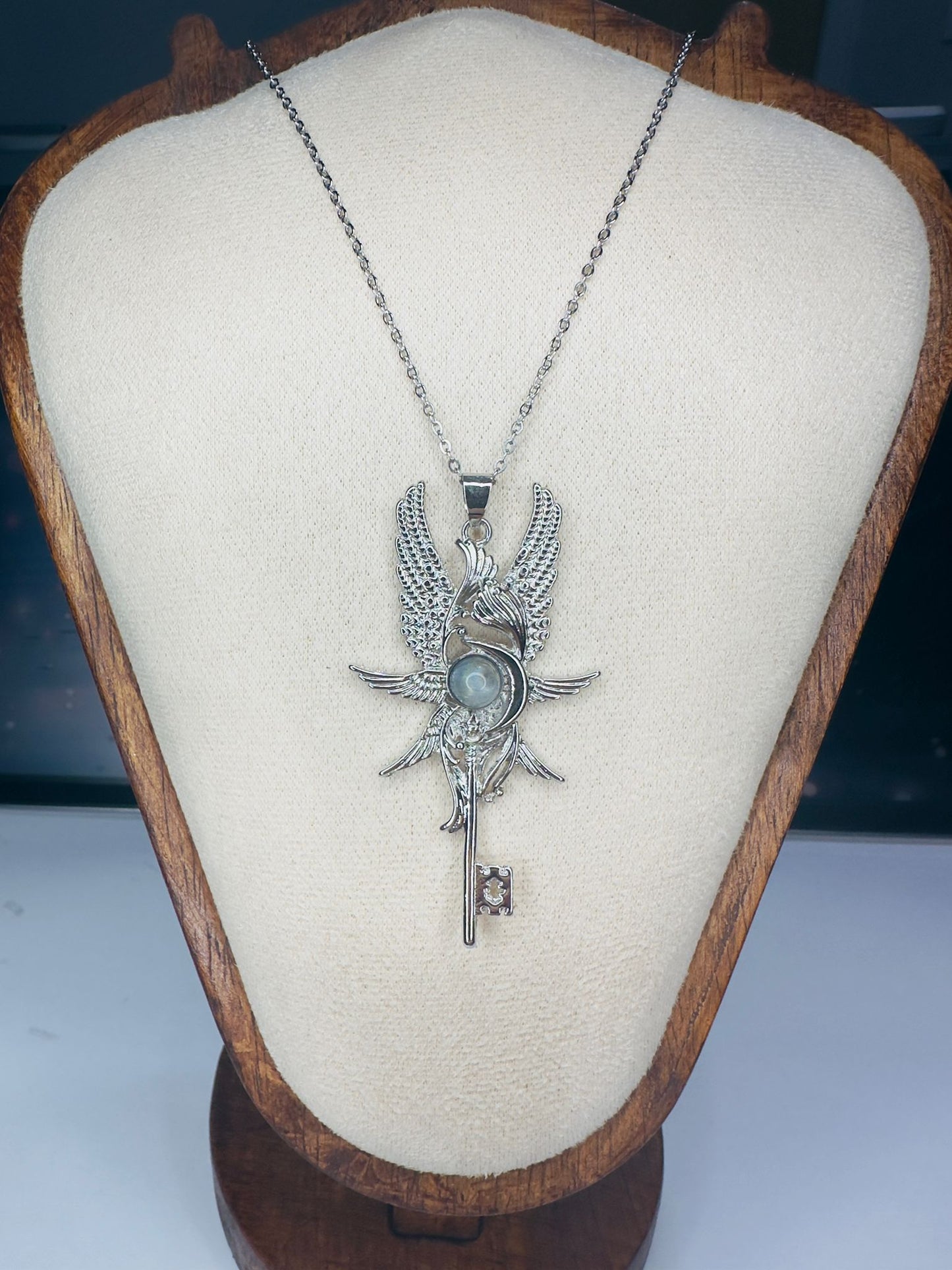 White Copper Winged Key Pendant with Natural Labradorite