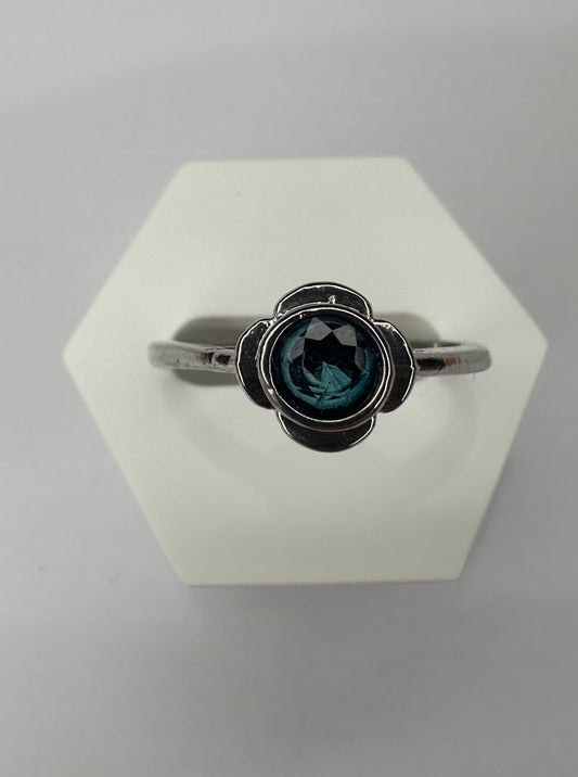 Adjustable Blue Apatite Flower Ring in Silver Plated Copper
