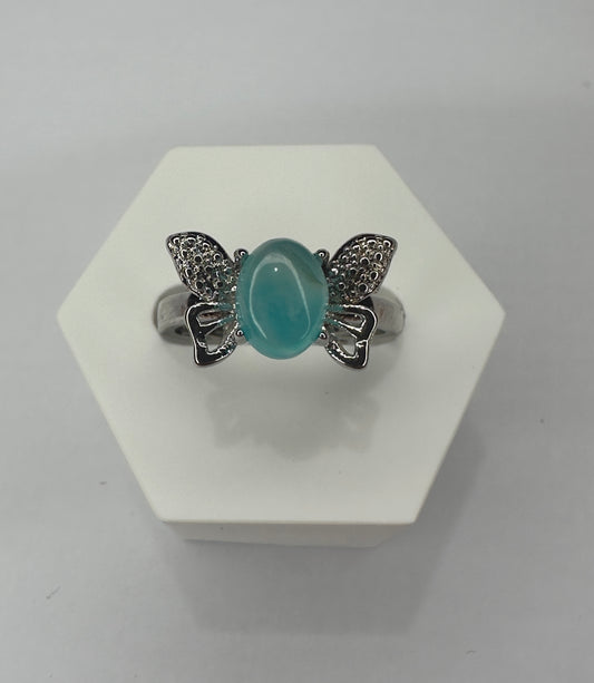 Amazonite Butterfly Ring in Silver Plated Copper Adjustable