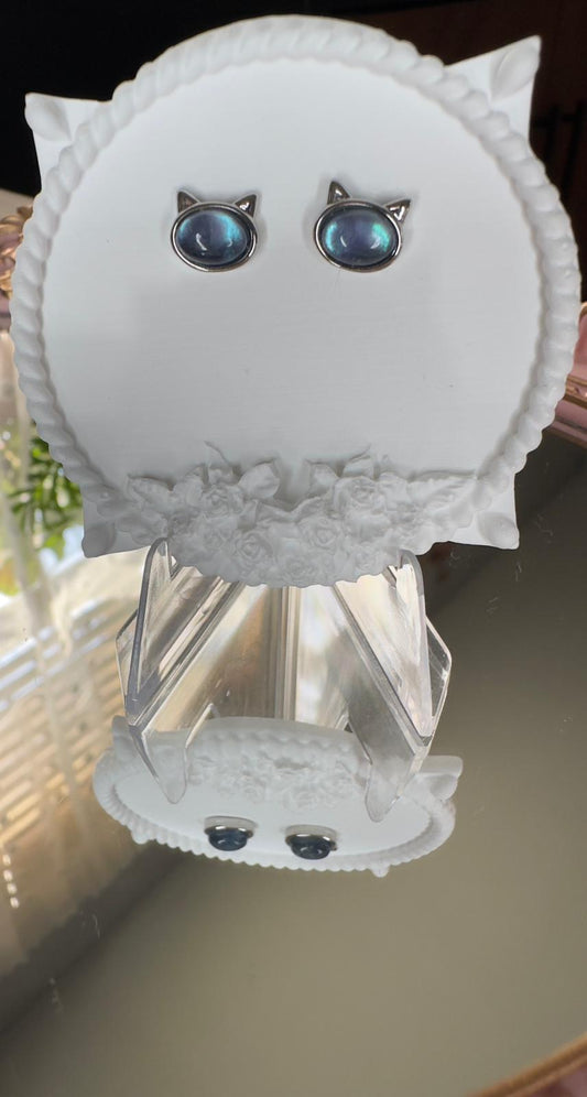 Aquamarine Cat Stud Earrings in Sterling Silver