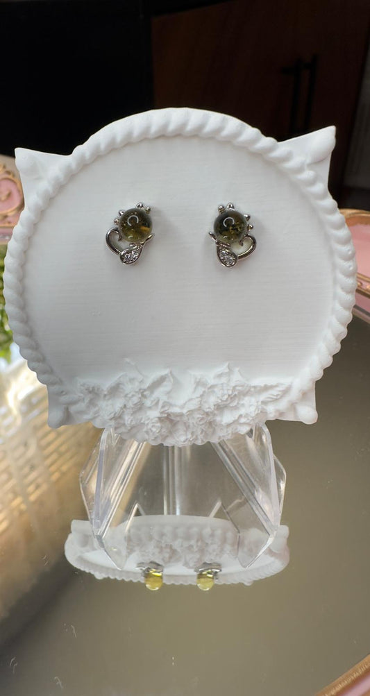 Blue Amber Cat Stud Earrings in Sterling Silver